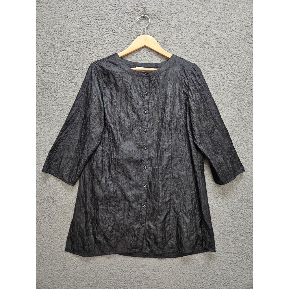 Chico's Button Front Blouse 1 Black Textured Crinkle Lagenlook 3/4 Sleeve Tunic